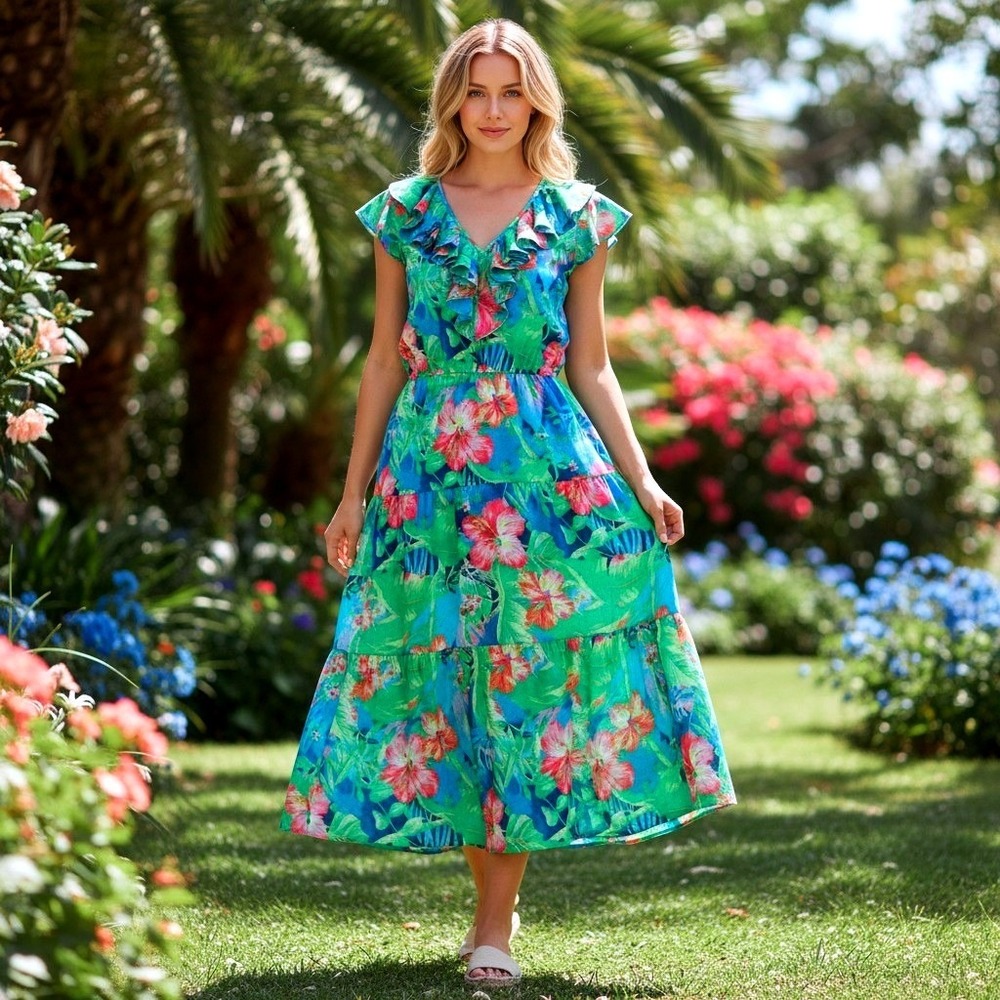 Lauren Ralph Lauren Floral Ruffle V-Neck Midi Dress Blue Green Pink 6P‎ /#26737